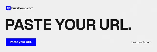 X header for BuzzBomb: "Paste your URL." Swiss style, poster layout, light palette in white, grey.