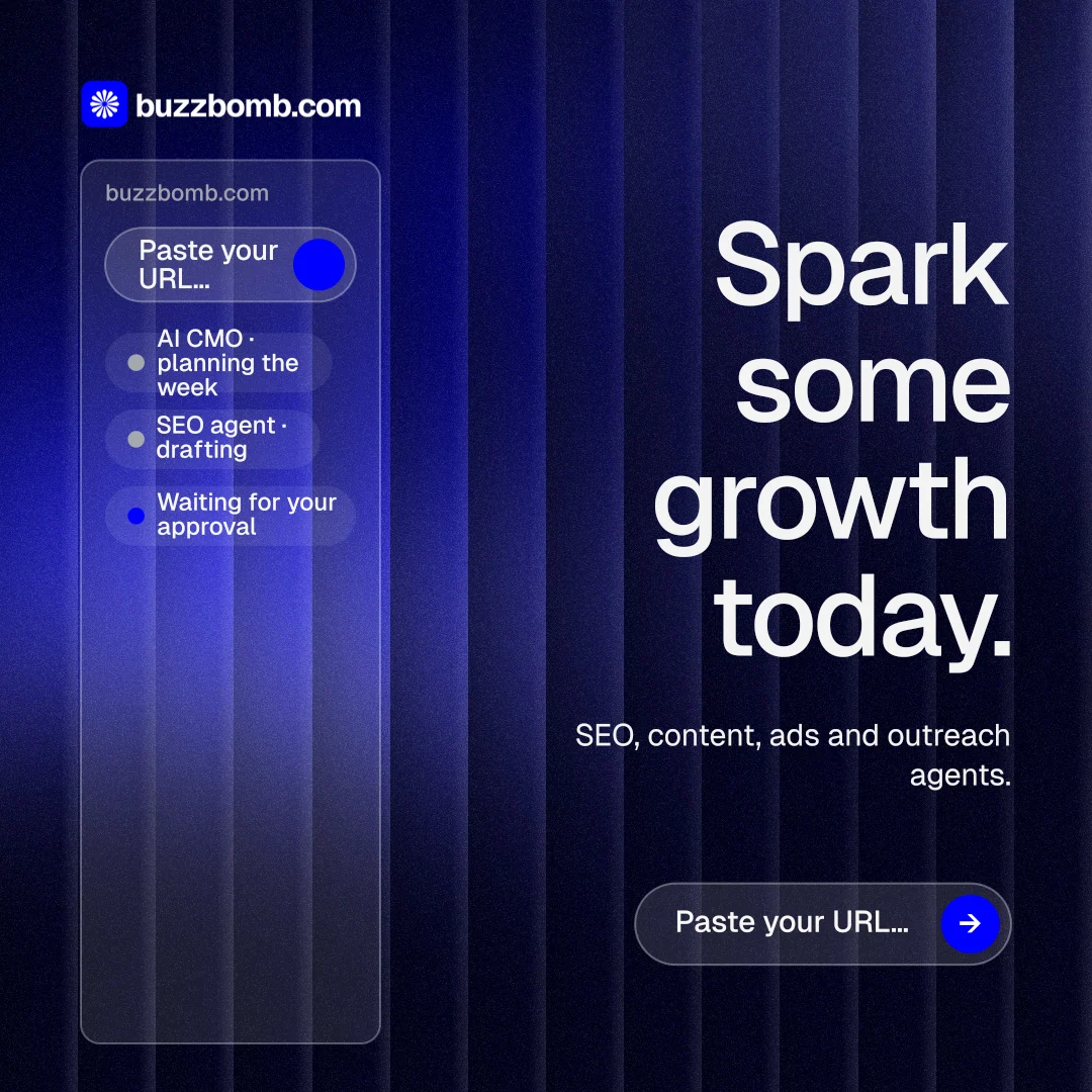 Instagram post for BuzzBomb: "Spark some growth today." Agentic glass style, right layout, dark palette in black, blue.