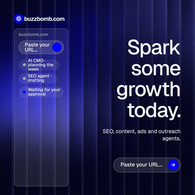 Instagram post for BuzzBomb: "Spark some growth today." Agentic glass style, right layout, dark palette in black, blue.