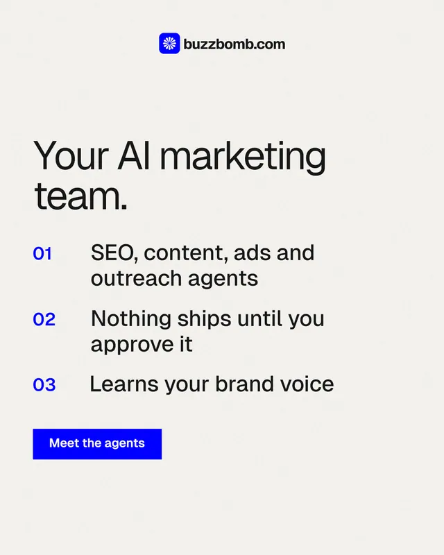 Instagram portrait post for BuzzBomb: "Your AI marketing team." Swiss style, numbered layout, light palette in white.