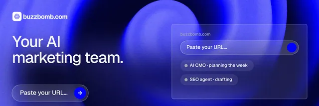 X header for BuzzBomb: "Your AI marketing team." Agentic glass style, bottom layout, dark palette in blue.
