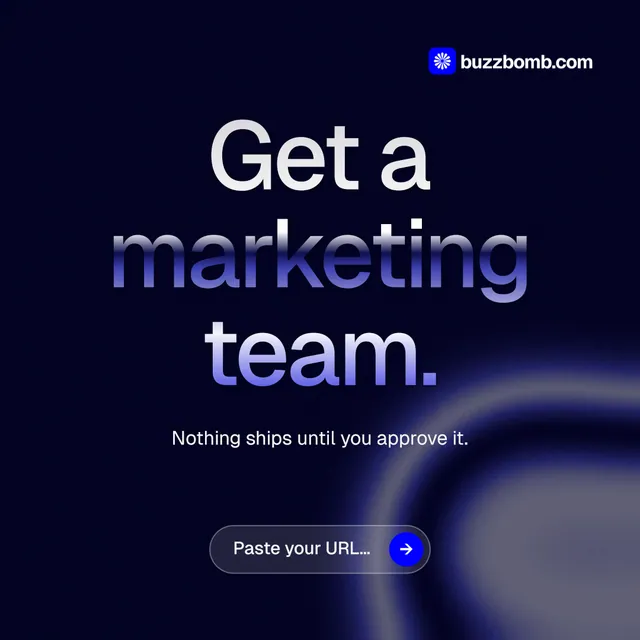 Instagram post for BuzzBomb: "Get a marketing team." Agentic glass style, centred layout, dark palette in black, blue.