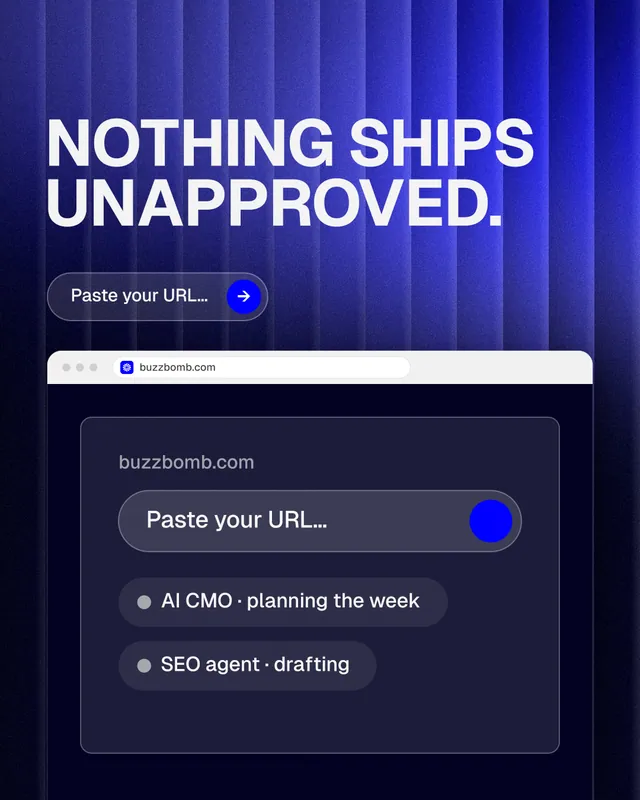 Instagram portrait post for BuzzBomb: "Nothing ships unapproved." Agentic glass style, browser layout, dark palette in blue, black.