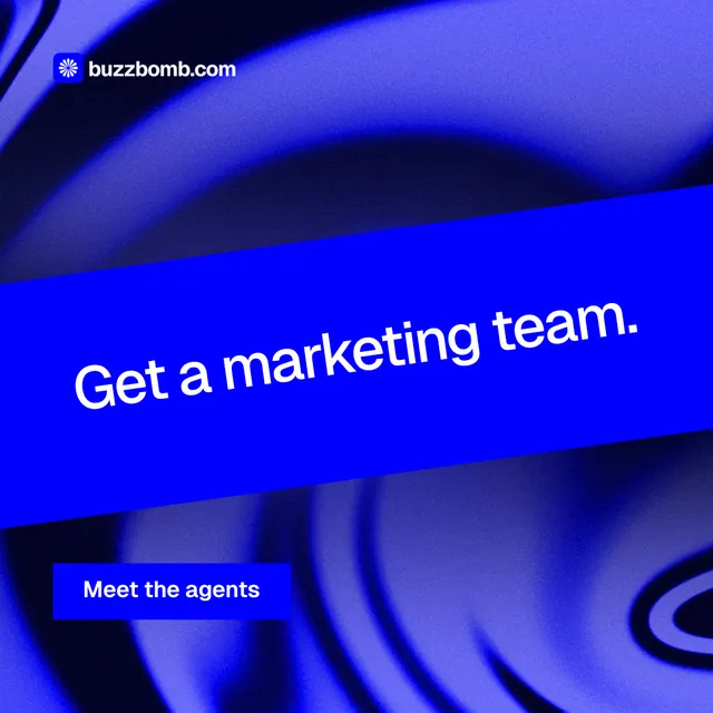 Instagram post for BuzzBomb: "Get a marketing team." Swiss style, diagonal layout, dark palette in blue.