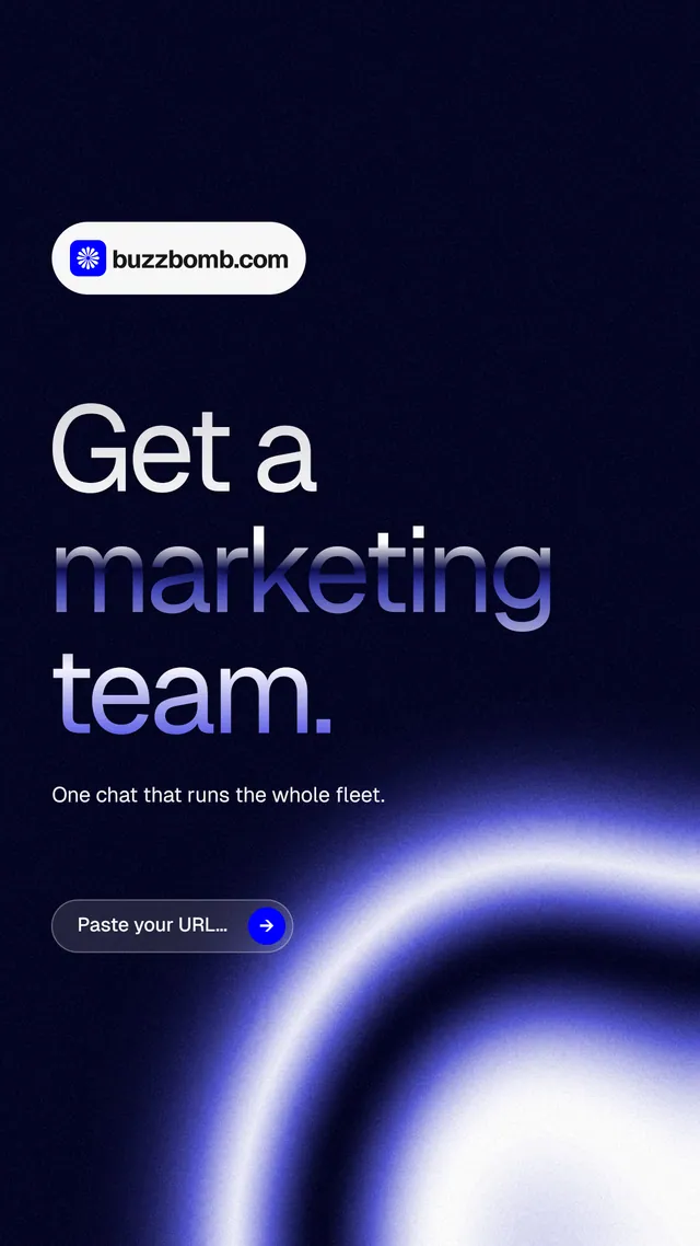 Instagram story for BuzzBomb: "Get a marketing team." Agentic glass style, announce layout, dark palette in black, blue.