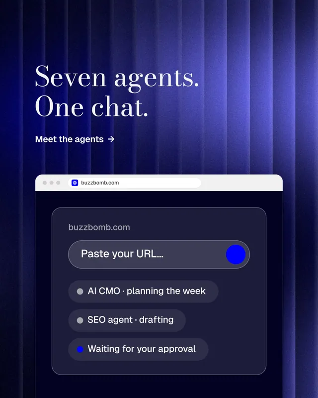 Instagram portrait post for BuzzBomb: "Seven agents. One chat." Minimal luxury style, browser layout, dark palette in blue, black.