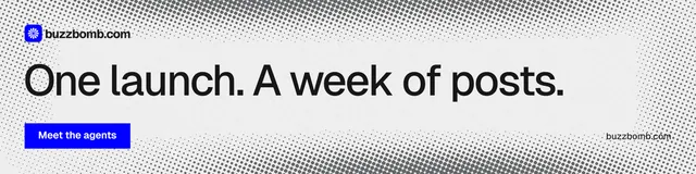 LinkedIn banner for BuzzBomb: "One launch. A week of posts." Swiss style, poster layout, light palette in white, grey.