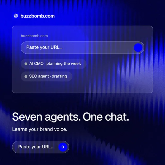 Instagram post for BuzzBomb: "Seven agents. One chat." Agentic glass style, bottom layout, dark palette in black, blue.