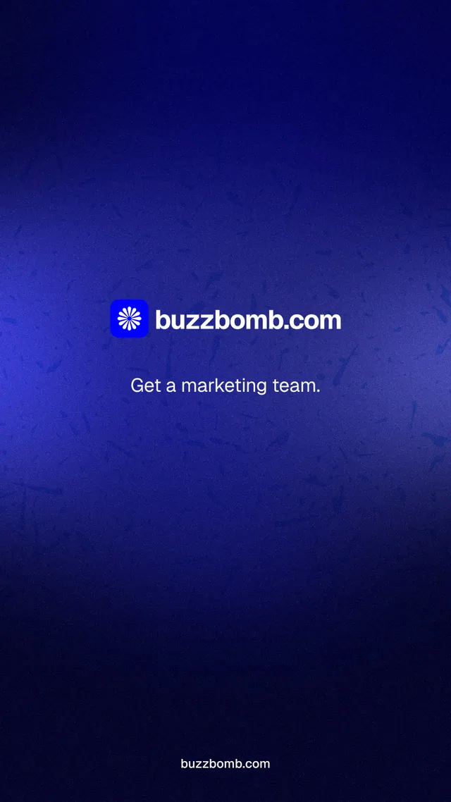Instagram story for BuzzBomb: "Get a marketing team." Agentic glass style, end card layout, dark palette in black, blue.