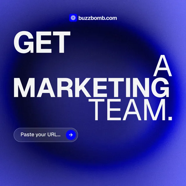 Instagram post for BuzzBomb: "Get a marketing team." Agentic glass style, stacked layout, dark palette in blue.