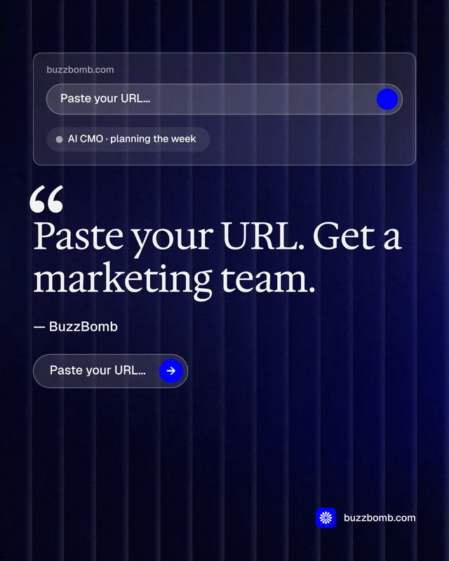 Instagram portrait post for BuzzBomb: "Get a marketing team." Agentic glass style, quote layout, dark palette in black, blue, grey.