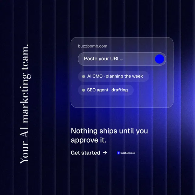 Instagram post for BuzzBomb: "Your AI marketing team." Minimal luxury style, vertical layout, dark palette in blue, black.