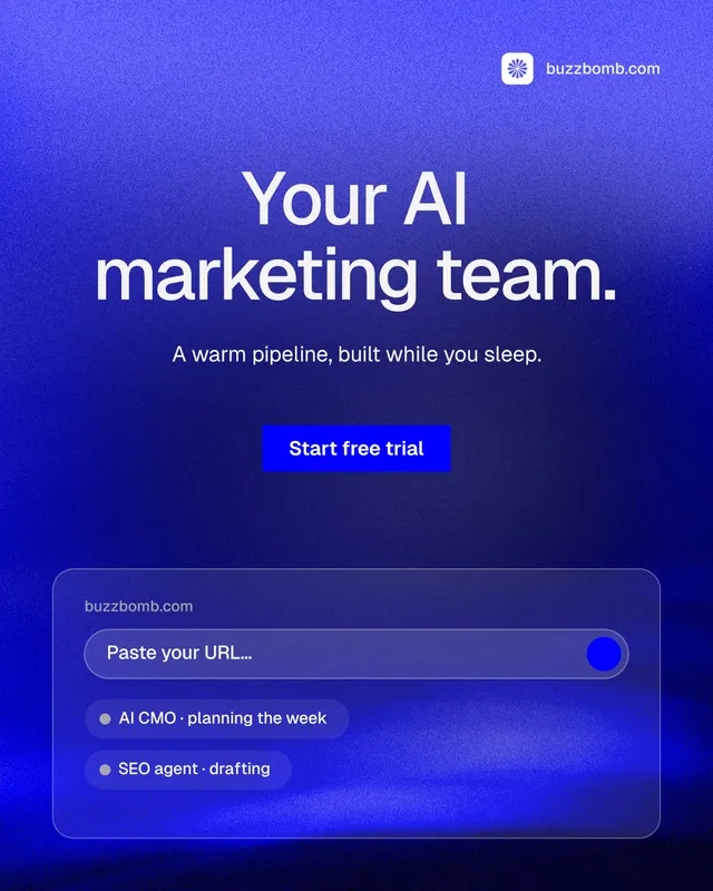 Instagram portrait post for BuzzBomb: "Your AI marketing team." Swiss style, centred layout, dark palette in blue.