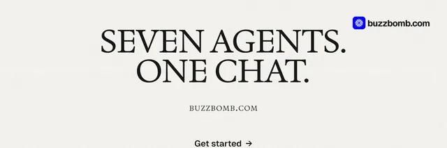 X header for BuzzBomb: "Seven agents. One chat." Swiss style, smallcaps layout, light palette in white.