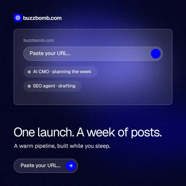 Instagram post for BuzzBomb: "One launch. A week of posts." Agentic glass style, bottom layout, dark palette in black, blue.