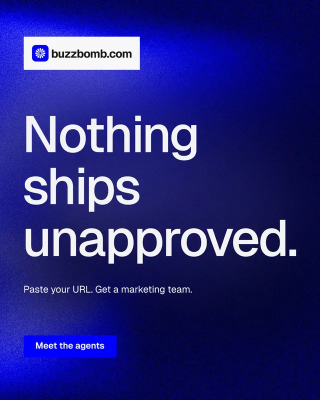 Instagram portrait post for BuzzBomb: "Nothing ships unapproved." Swiss style, announce layout, dark palette in blue.
