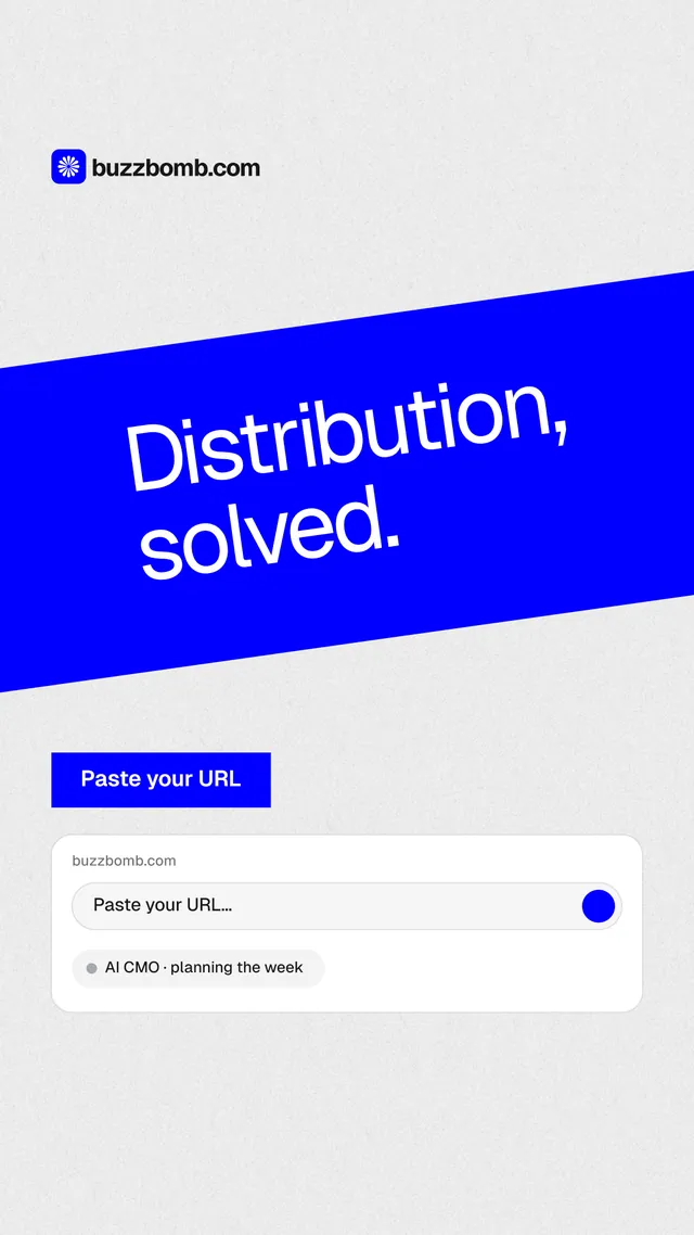 Instagram story for BuzzBomb: "Distribution, solved." Swiss style, diagonal layout, light palette in white, blue.