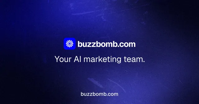 Social ad for BuzzBomb: "Your AI marketing team." Swiss style, end card layout, dark palette in black, blue.
