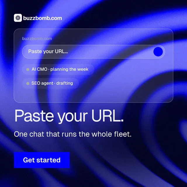 Instagram post for BuzzBomb: "Paste your URL." Swiss style, skeleton layout, dark palette in black, blue.