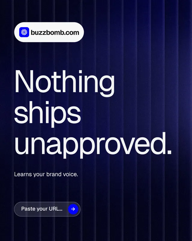 Instagram portrait post for BuzzBomb: "Nothing ships unapproved." Agentic glass style, announce layout, dark palette in black, blue, grey.