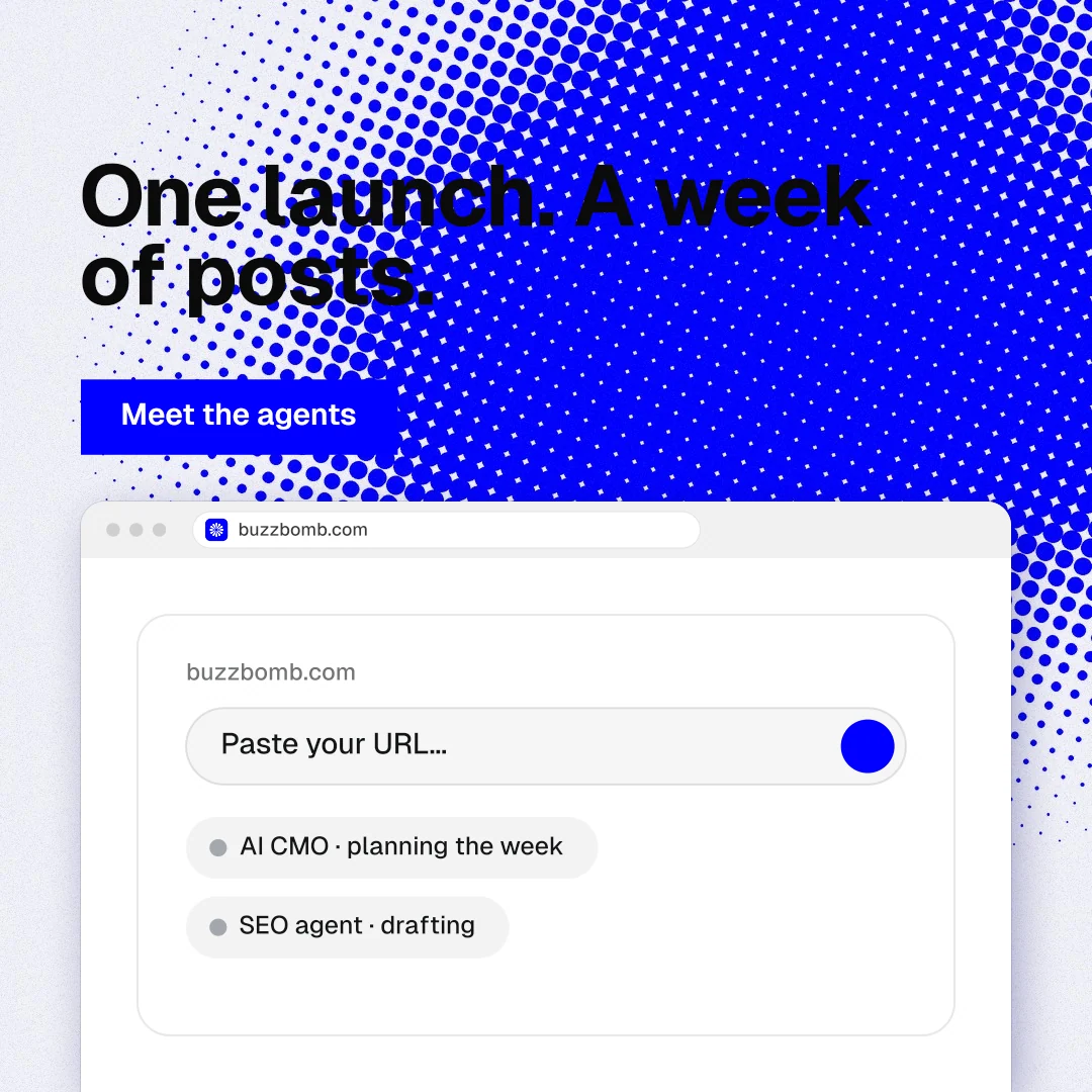 Instagram post for BuzzBomb: "One launch. A week of posts." Swiss style, browser layout, light palette in blue, white.
