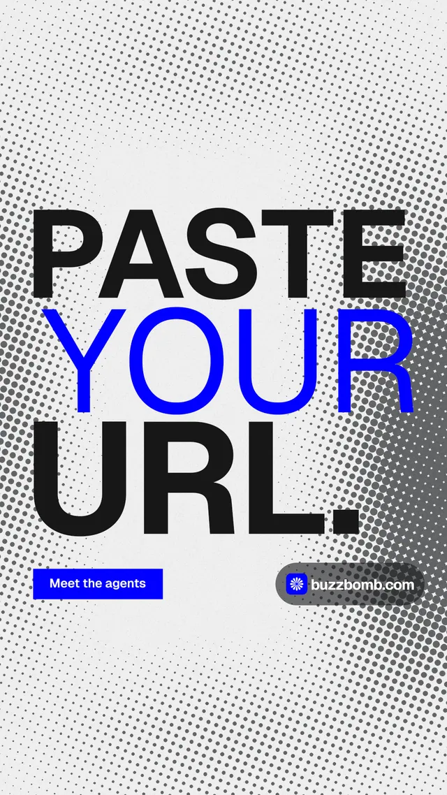 Instagram story for BuzzBomb: "Paste your URL." Split block style, stacked layout, light palette in white, blue, grey.