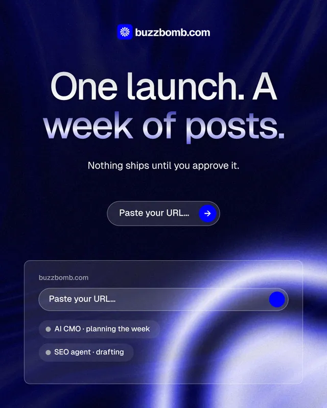 Instagram portrait post for BuzzBomb: "One launch. A week of posts." Agentic glass style, centred layout, dark palette in black, blue.
