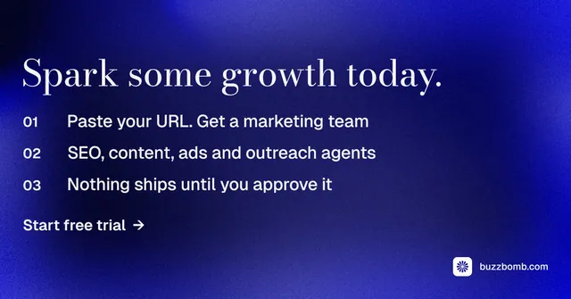 Social ad for BuzzBomb: "Spark some growth today." Minimal luxury style, numbered layout, dark palette in blue.