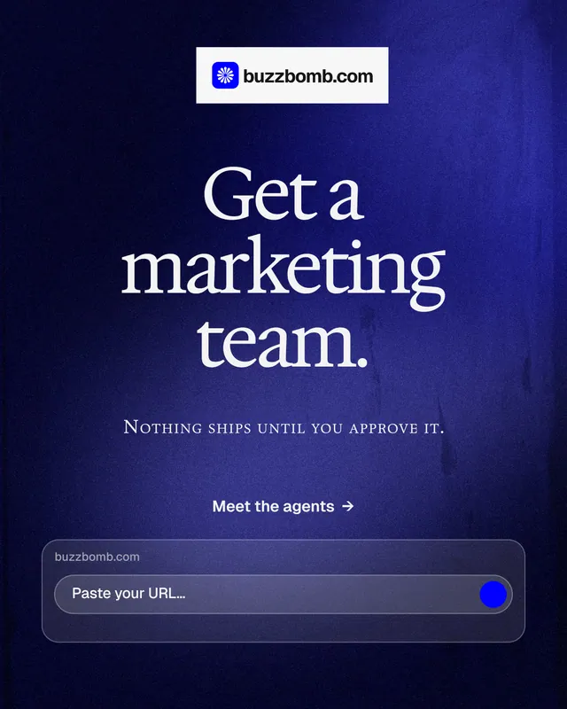 Instagram portrait post for BuzzBomb: "Get a marketing team." Swiss style, smallcaps layout, dark palette in black, blue, grey.