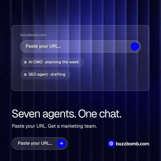 Instagram post for BuzzBomb: "Seven agents. One chat." Agentic glass style, bottom layout, dark palette in blue, black.