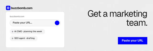 X header for BuzzBomb: "Get a marketing team." Swiss style, right layout, light palette in white, blue.