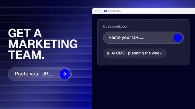Landscape graphic for BuzzBomb: "Get a marketing team." Agentic glass style, browser layout, dark palette in blue, black.