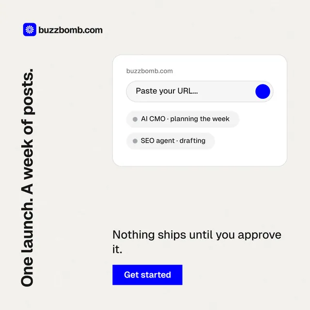 Instagram post for BuzzBomb: "One launch. A week of posts." Swiss style, vertical layout, light palette in white.