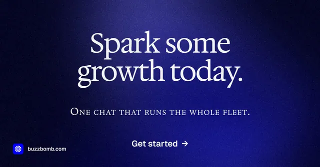 Social ad for BuzzBomb: "Spark some growth today." Agentic glass style, smallcaps layout, dark palette in black, blue.