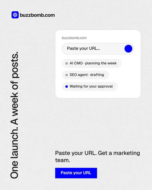 Instagram portrait post for BuzzBomb: "One launch. A week of posts." Swiss style, vertical layout, light palette in white, blue.