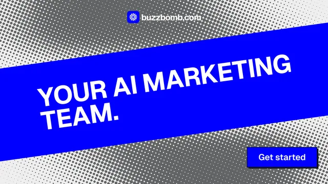 Landscape graphic for BuzzBomb: "Your AI marketing team." Brutalist style, diagonal layout, dark palette in blue, grey.