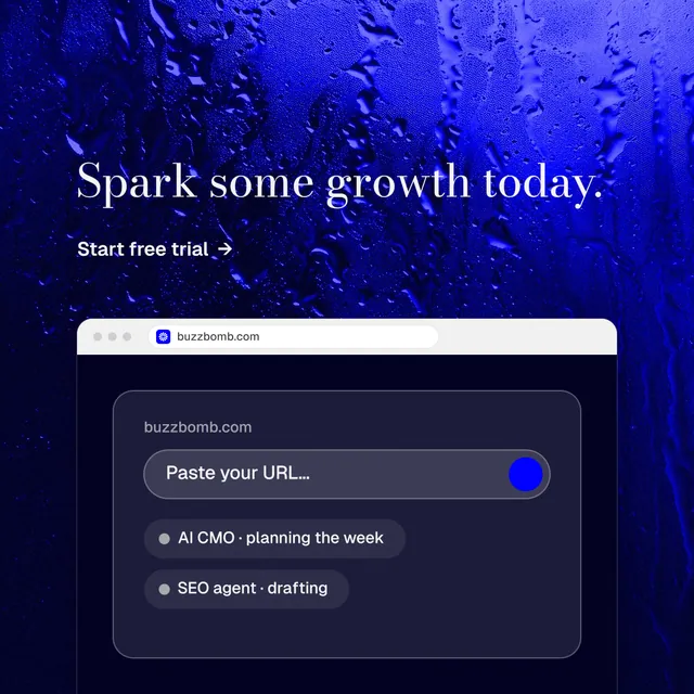 Instagram post for BuzzBomb: "Spark some growth today." Minimal luxury style, browser layout, dark palette in black, blue.