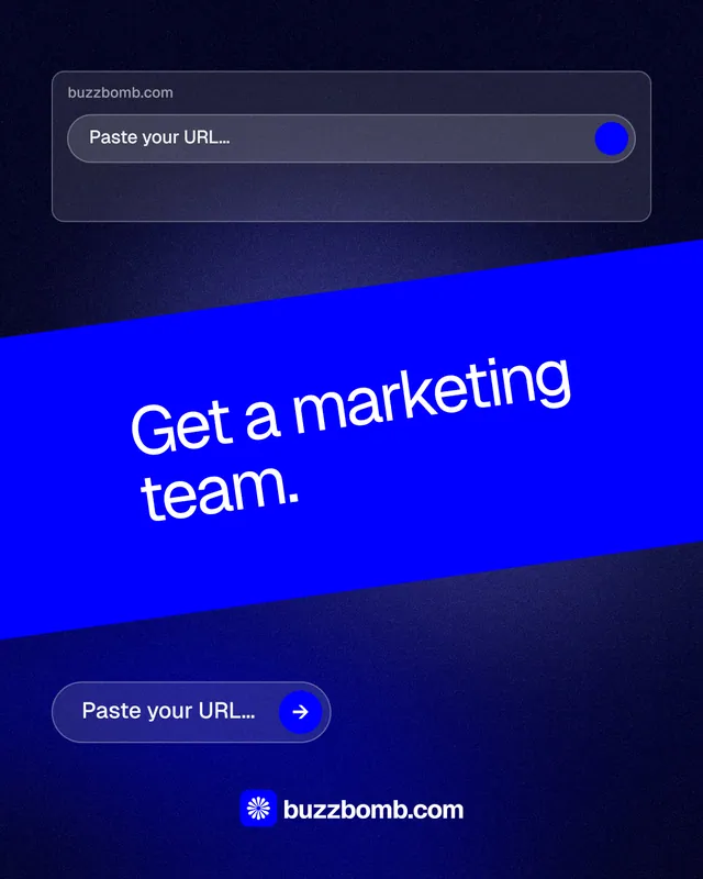 Instagram portrait post for BuzzBomb: "Get a marketing team." Agentic glass style, diagonal layout, dark palette in blue.