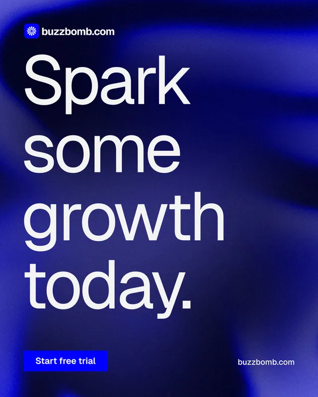 Instagram portrait post for BuzzBomb: "Spark some growth today." Swiss style, poster layout, dark palette in blue, grey.