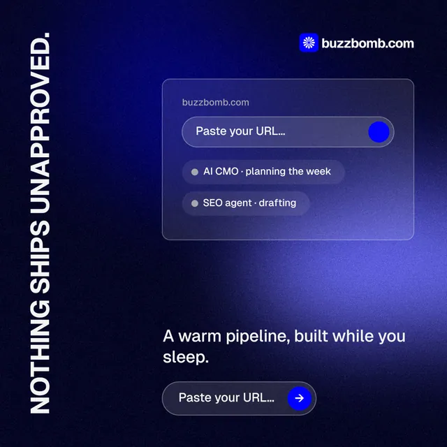 Instagram post for BuzzBomb: "Nothing ships unapproved." Agentic glass style, vertical layout, dark palette in black, blue.