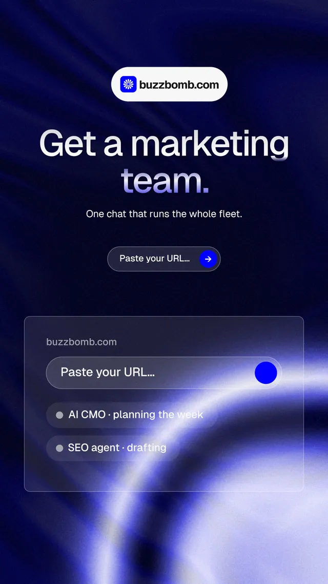 Instagram story for BuzzBomb: "Get a marketing team." Agentic glass style, centred layout, dark palette in black, blue.