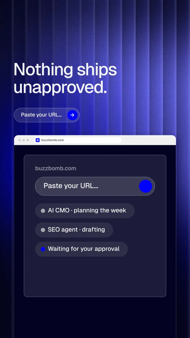 Instagram story for BuzzBomb: "Nothing ships unapproved." Agentic glass style, browser layout, dark palette in blue, black.