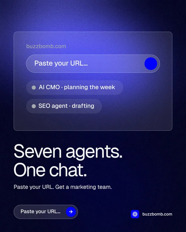 Instagram portrait post for BuzzBomb: "Seven agents. One chat." Agentic glass style, bottom layout, dark palette in blue, black.