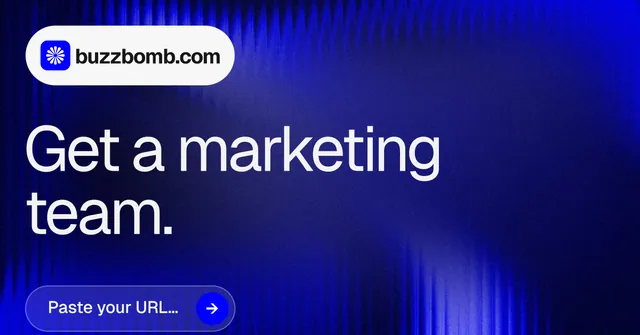 Social ad for BuzzBomb: "Get a marketing team." Agentic glass style, announce layout, dark palette in blue.