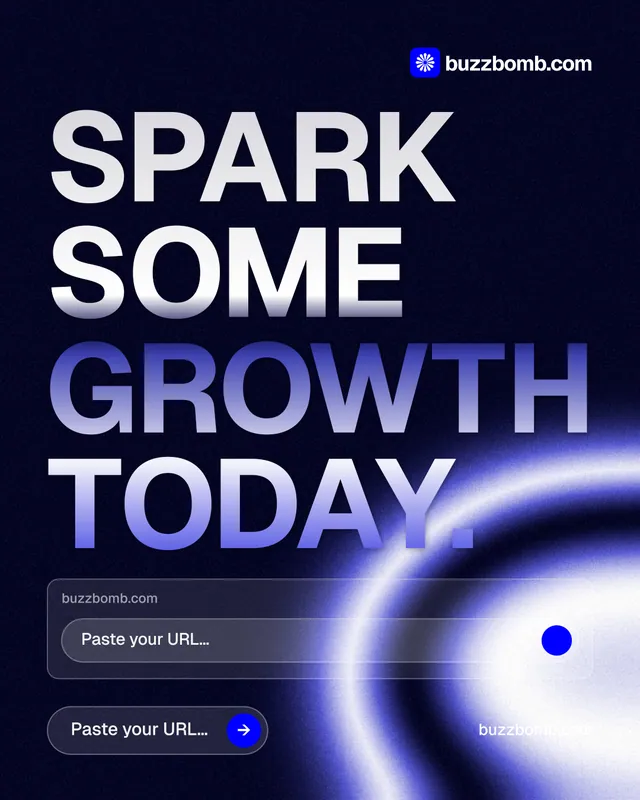 Instagram portrait post for BuzzBomb: "Spark some growth today." Agentic glass style, poster layout, dark palette in black, blue.