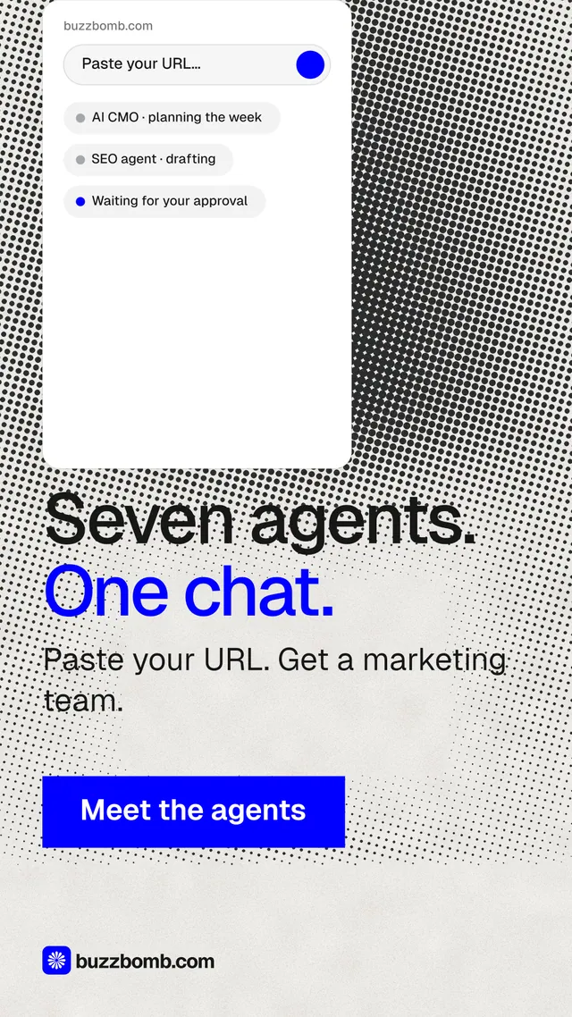 Instagram story for BuzzBomb: "Seven agents. One chat." Swiss style, skeleton layout, light palette in white, grey.