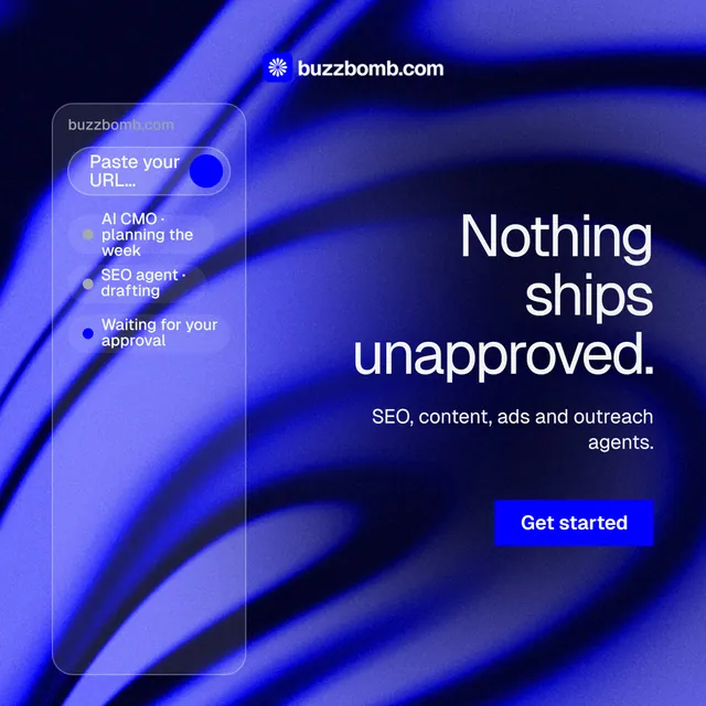 Instagram post for BuzzBomb: "Nothing ships unapproved." Swiss style, right layout, dark palette in black, blue.