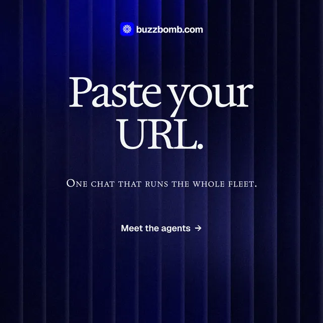 Instagram post for BuzzBomb: "Paste your URL." Agentic glass style, smallcaps layout, dark palette in black, blue.