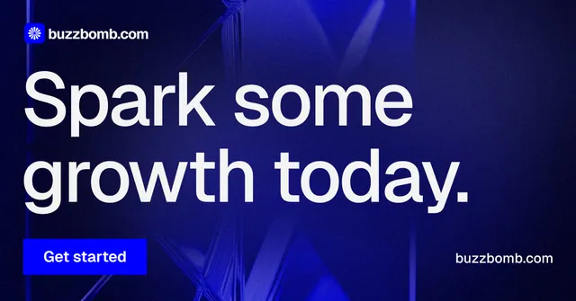 Social ad for BuzzBomb: "Spark some growth today." Swiss style, poster layout, dark palette in black, blue, grey.