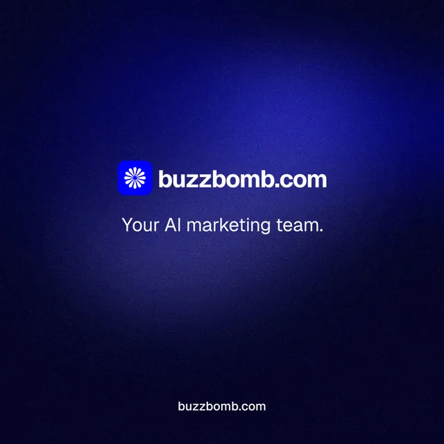 Instagram post for BuzzBomb: "Your AI marketing team." Swiss style, end card layout, dark palette in black, blue.